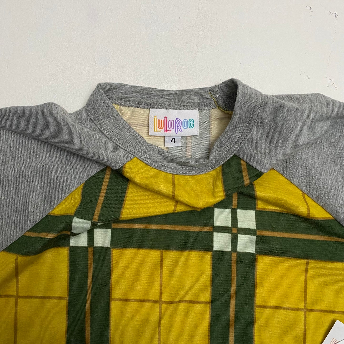 Kids | LuLaRoe Sloan Top | 4 (3-4) | Gray/Yellow Plaid | 3/4 Raglan Sleeves | NWT