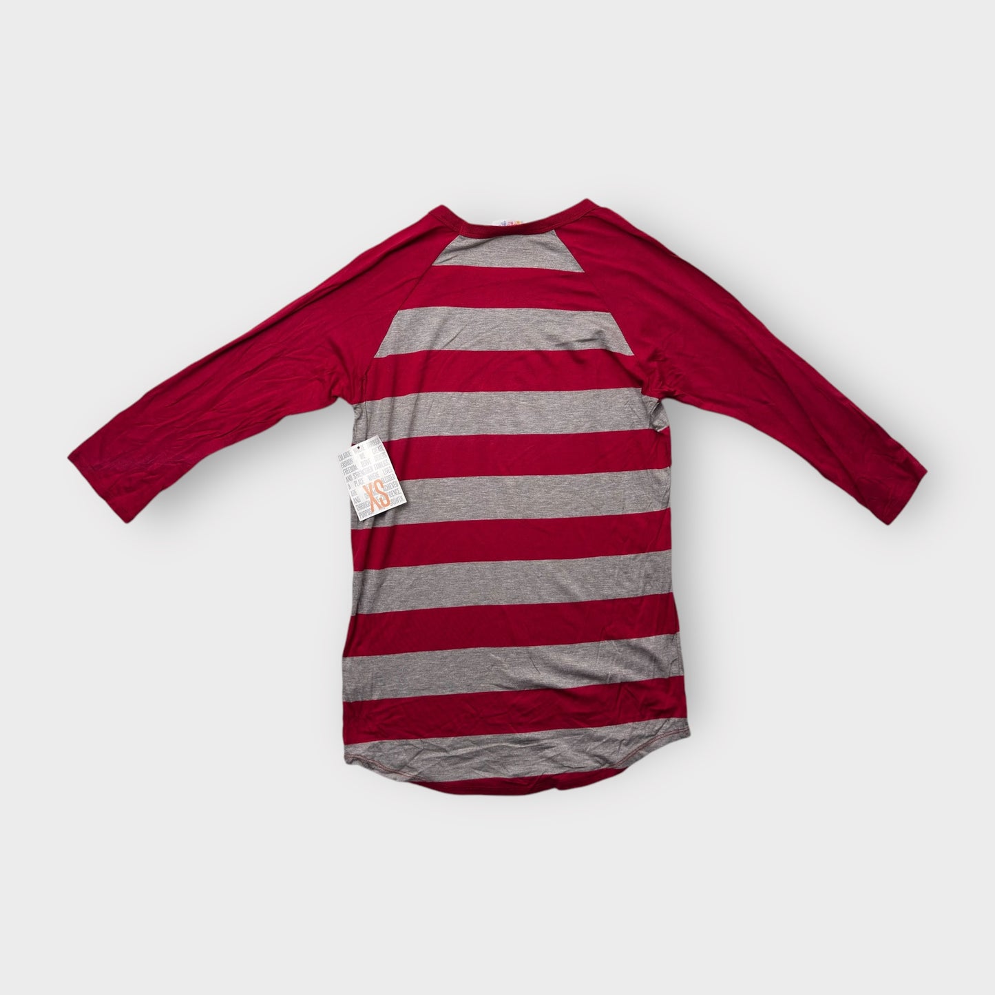 LuLaRoe Randy Tee XXS (00) - Burgundy and Gray Striped Raglan - Soft Stretch Rayon Spandex Blend