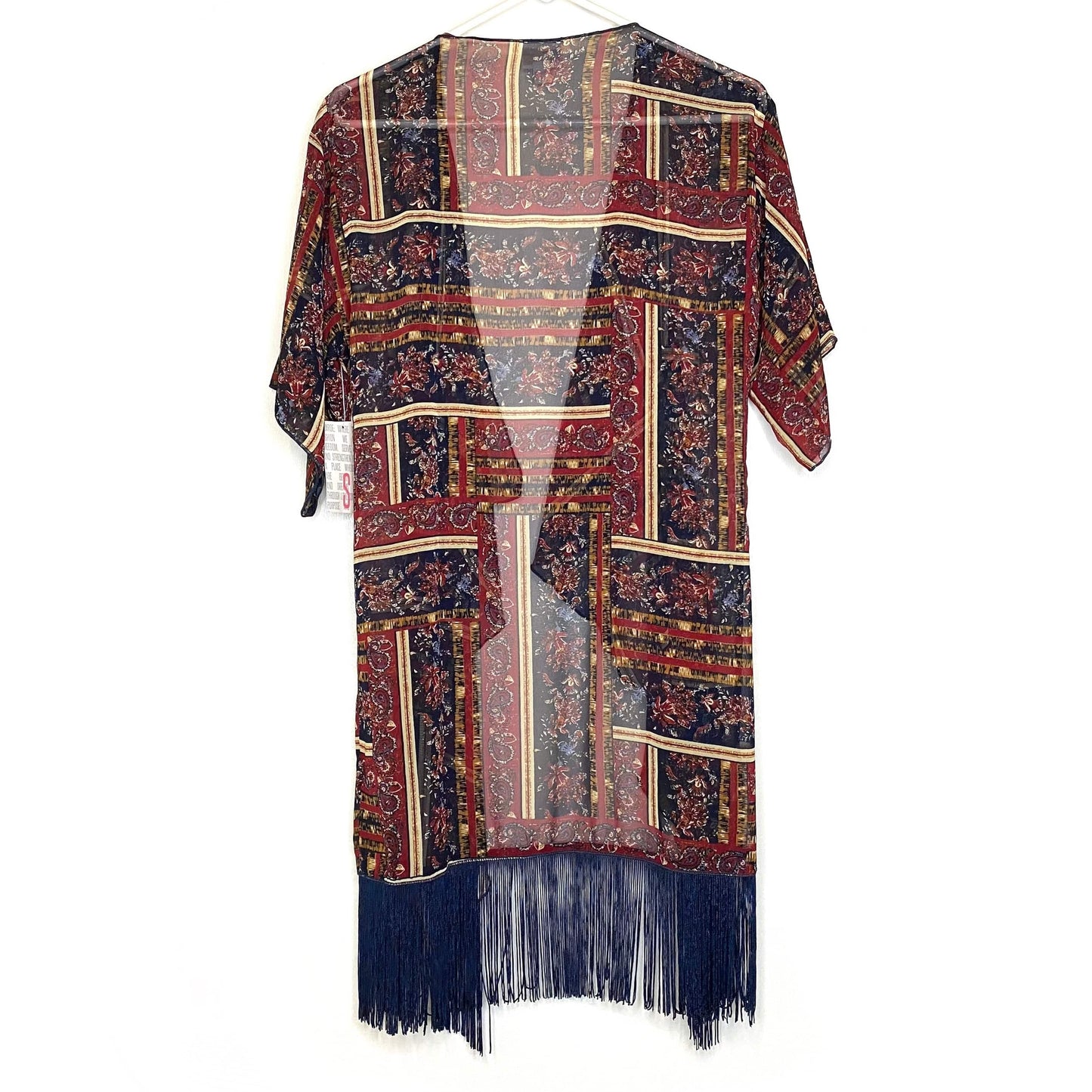 LuLaRoe Womens Size S (0-12) Red/Blue Paisley/Arabesque ‘Monroe’ Kimono Fringe Cover-Up NWT