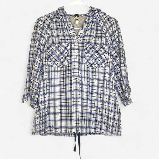 Free People We The Free Women's XS White & Blue Plaid Hooded Windbreaker Jacket - Long Sleeve - Excellent Used Condition