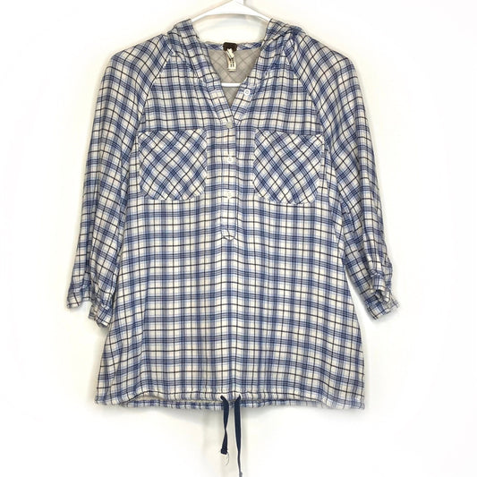 Free People We The Free Collection XS White/Blue Plaid Hooded Windbreaker Jacket L/s EUC