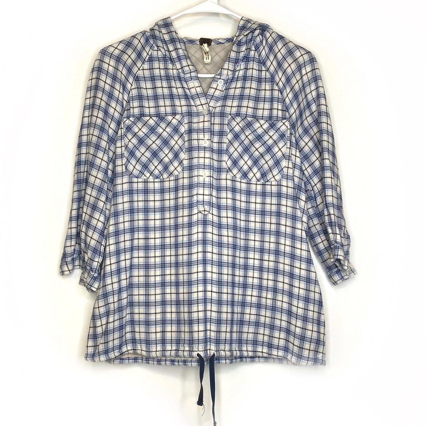 Free People We The Free Collection XS White/Blue Plaid Hooded Windbreaker Jacket L/s Pre-Owned