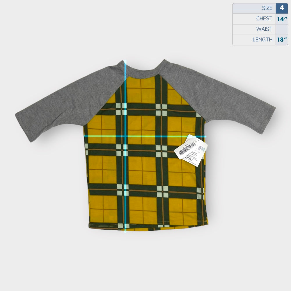 Kids | LuLaRoe Sloan Top | 4 (3-4) | Gray/Yellow Plaid | 3/4 Raglan Sleeves | NWT