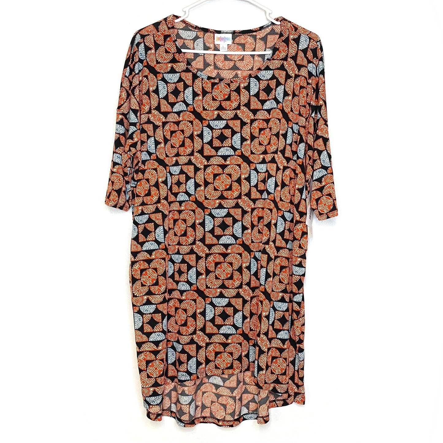 LuLaRoe Womens L Irma Orange/Black Abstract Circle Pattern S/s Tunic Top NWT