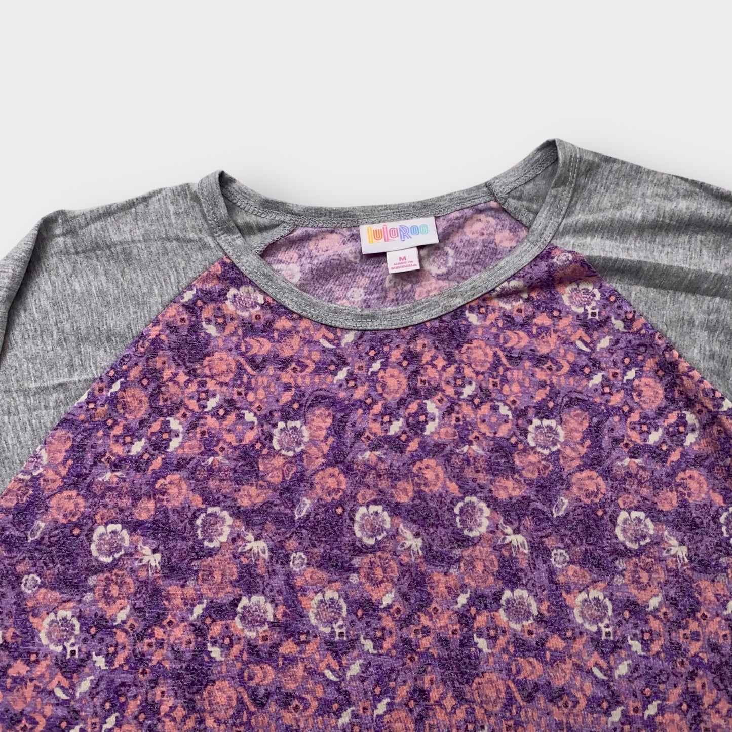 LuLaRoe Randy Baseball Tee - M (8-10) - Purple & Pink Floral Paisley Print - Heather Gray Sleeves