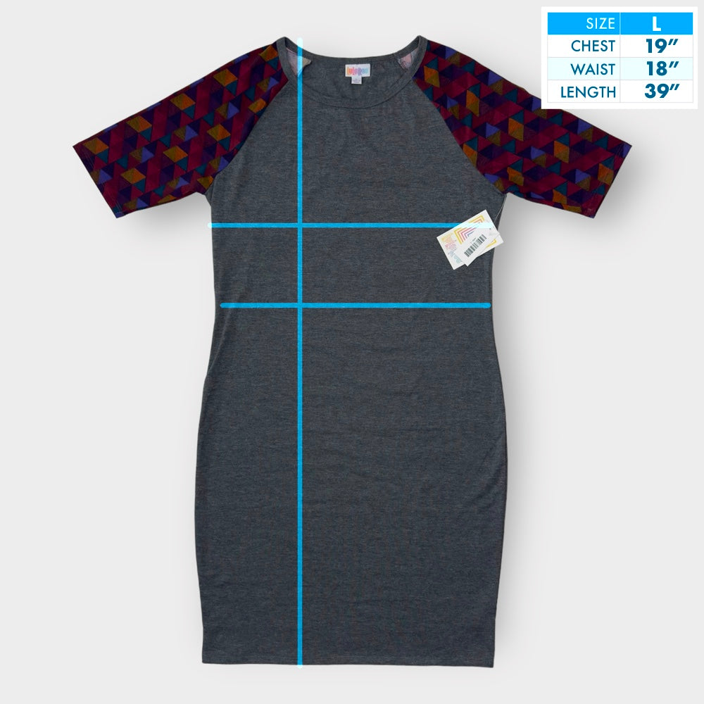 LuLaRoe Julia S/s Bodycon Dress | L (12-14) | Gray/Multicolor Colorblock/Geometric | NWT