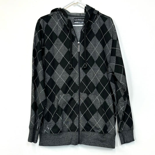 HoodieBuddie | Womens Argyle Zip Hoodie Sweatshirt - Built in Earbuds | Color: Gray/Black | Size: L | Pre-Owned