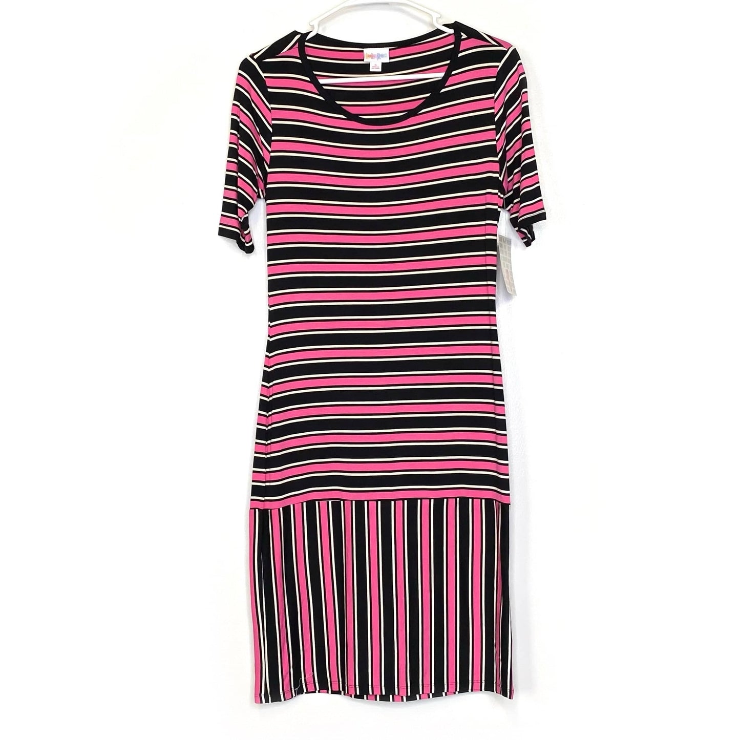 LuLaRoe Julia Bodycon Dress | S (4-6) | Pink/Black/White | Striped | NWT