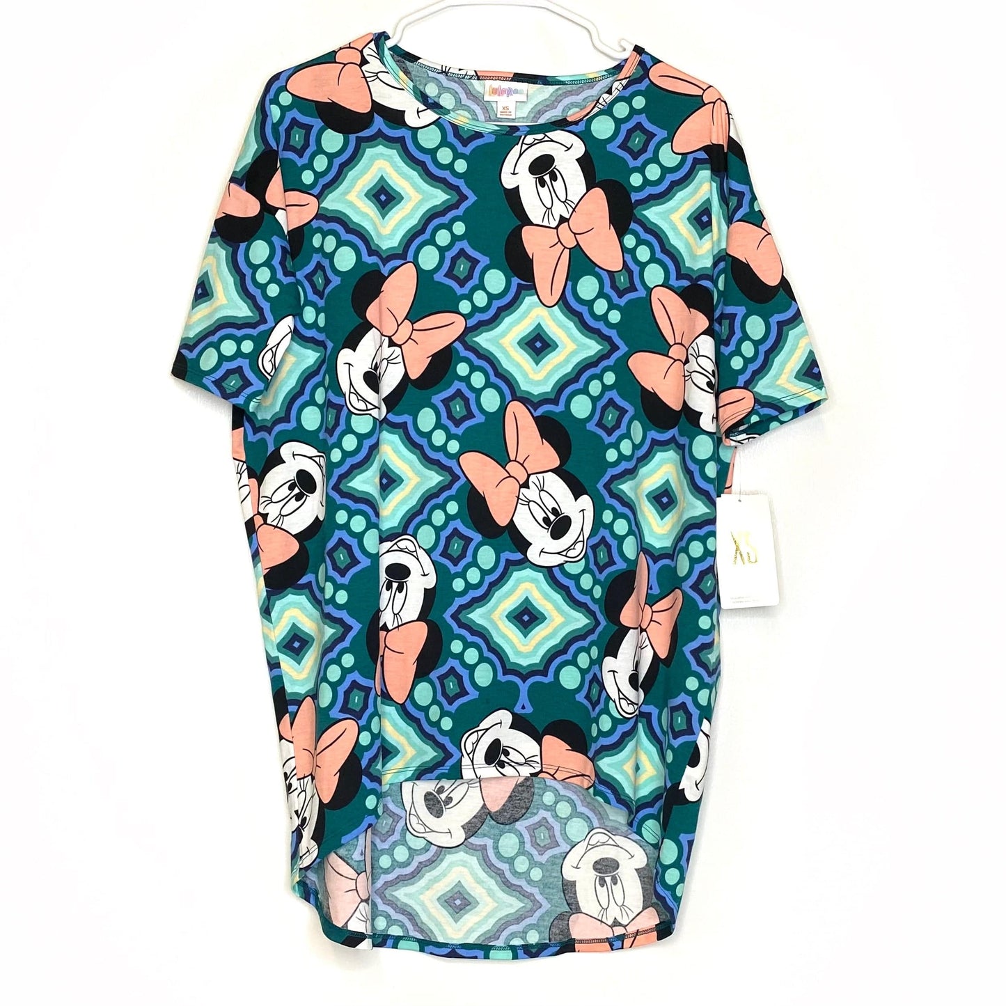 LuLaRoe Womens Size XS Blue/Green ‘Minnie Mouse’ Irma Graphic S/s Top NWT