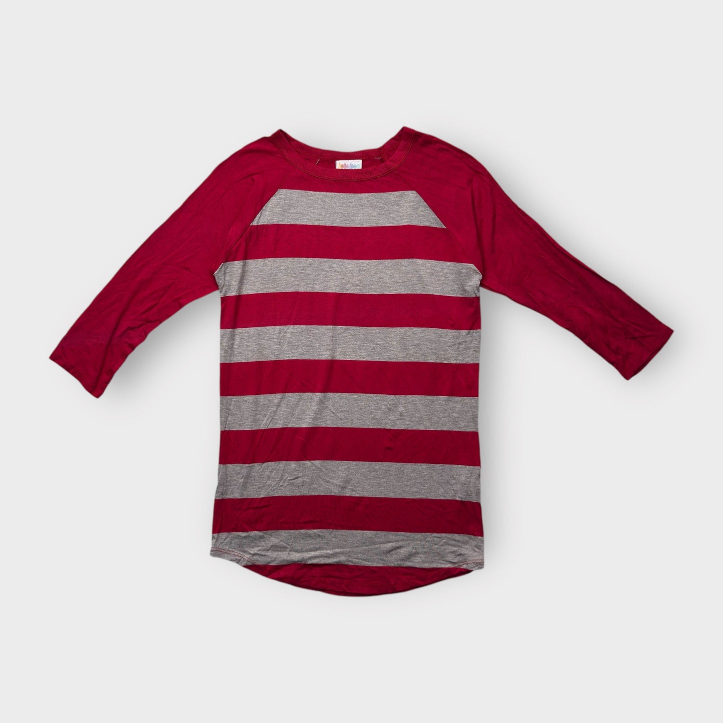 LuLaRoe Randy Tee XXS (00) - Burgundy and Gray Striped Raglan - Soft Stretch Rayon Spandex Blend