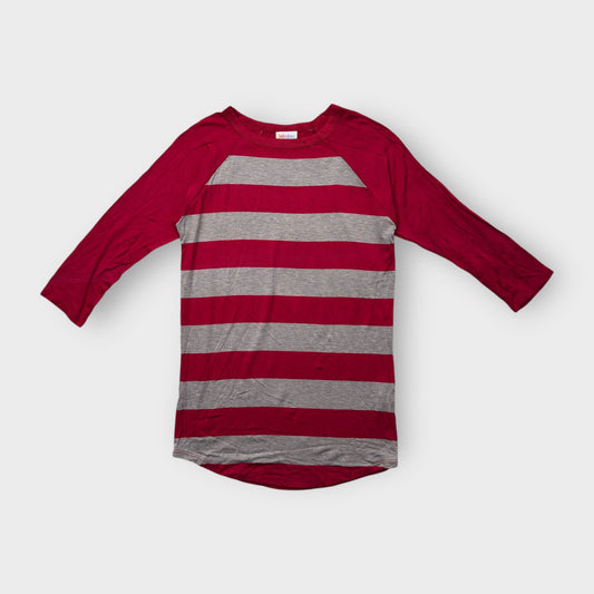 LuLaRoe Randy Tee XXS (00) - Burgundy and Gray Striped Raglan - Soft Stretch Rayon Spandex Blend