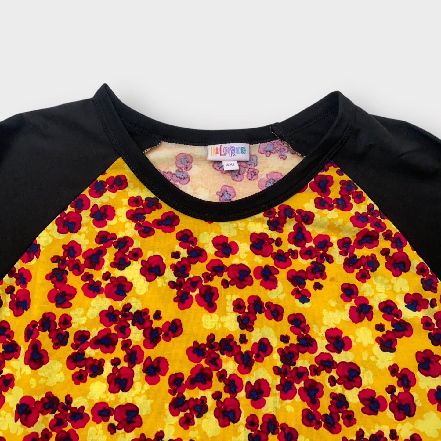 LuLaRoe Randy Baseball Tee 3XL (24-26) - Yellow/Red Floral Print with Black Sleeves - Soft Stretch Fabric