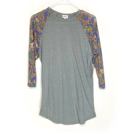 LuLaRoe Unisex S Gray/Orange/Blue Randy Floral Raglan Top ¾ Sleeves NWT