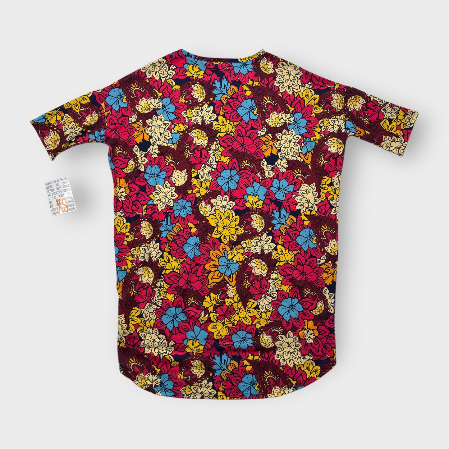 LuLaRoe Irma Tunic Top - Red, Yellow & Blue Floral Paisley Print - XS (0-2) - Soft Stretch Polyester Spandex - High-Low Hem