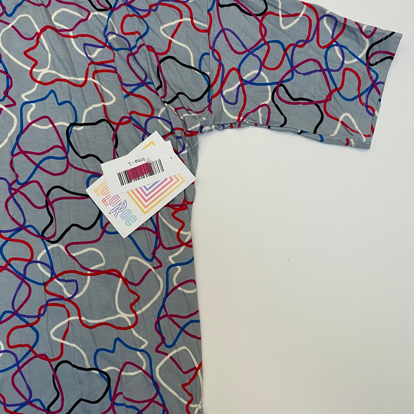 LuLaRoe Irma High-Low S/s Tunic | L (14-16) | Gray/Red/Blue Scribbles | NWT