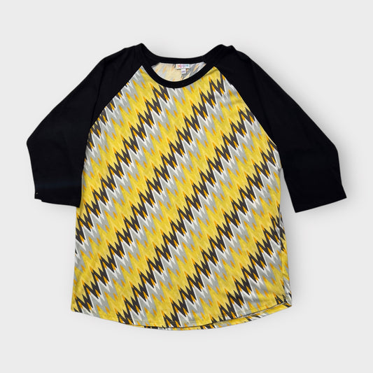 LuLaRoe Randy Baseball Tee 3XL (24-26) - Yellow/Gray/Black Zigzag Print with Black Sleeves - Soft Stretch Fabric