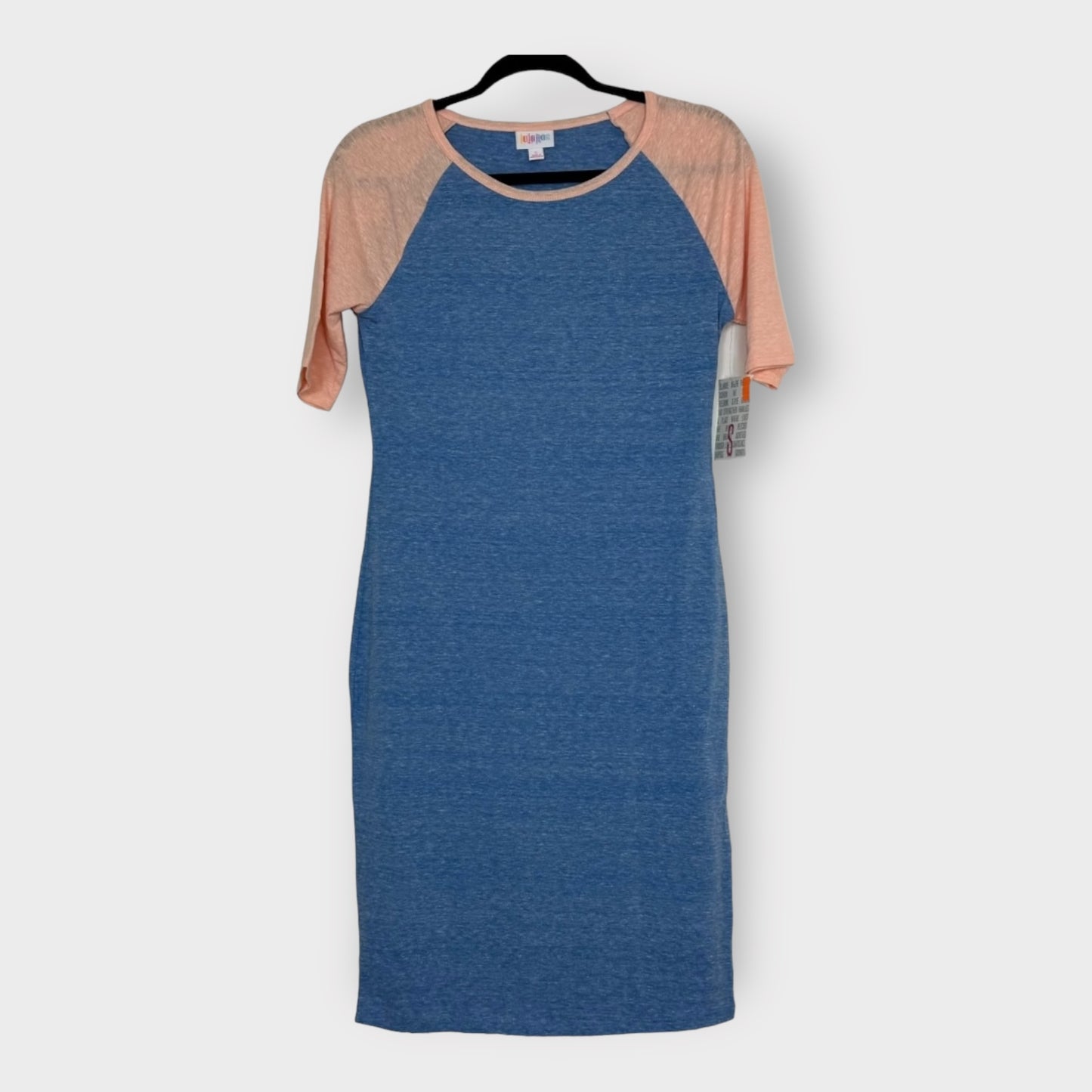 LuLaRoe Julia Bodycon Dress | S (4-6) | Blue/Peach | Colorblock/Raglan | NWT