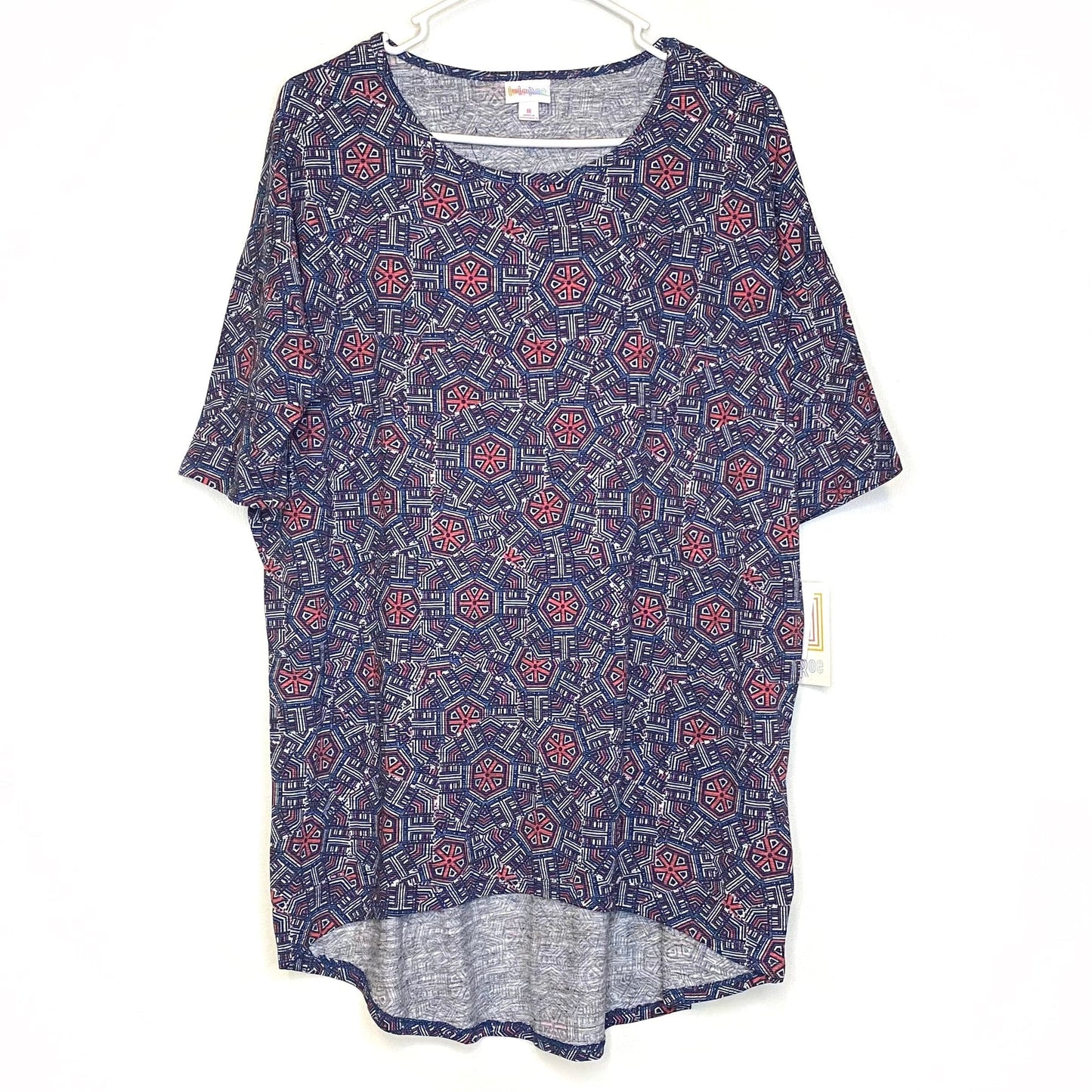 LuLaRoe Womens M Irma Blue/Red Damask Pattern S/s Tunic Top NWT