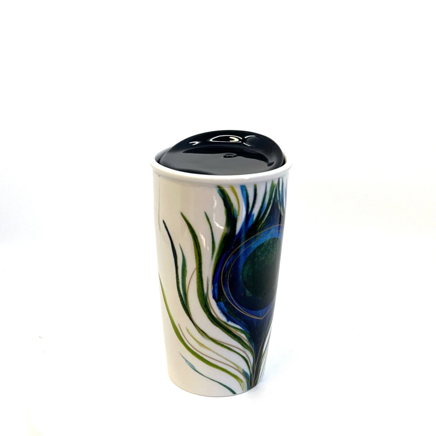 Starbucks | 2015 Ceramic Peacock Feather Mug w/Lid | Color: White/Blue | Size: 12 fl oz | RARE