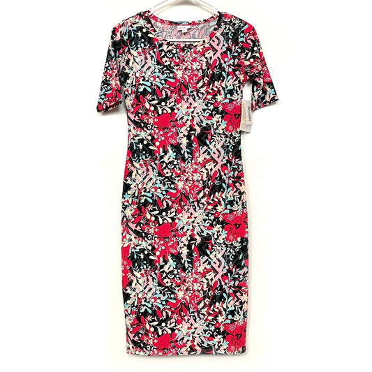 LuLaRoe Womens XXS Black/Red/Pink Botanical Julia Shift Dress Scoop Neck ½ Sleeves NWT