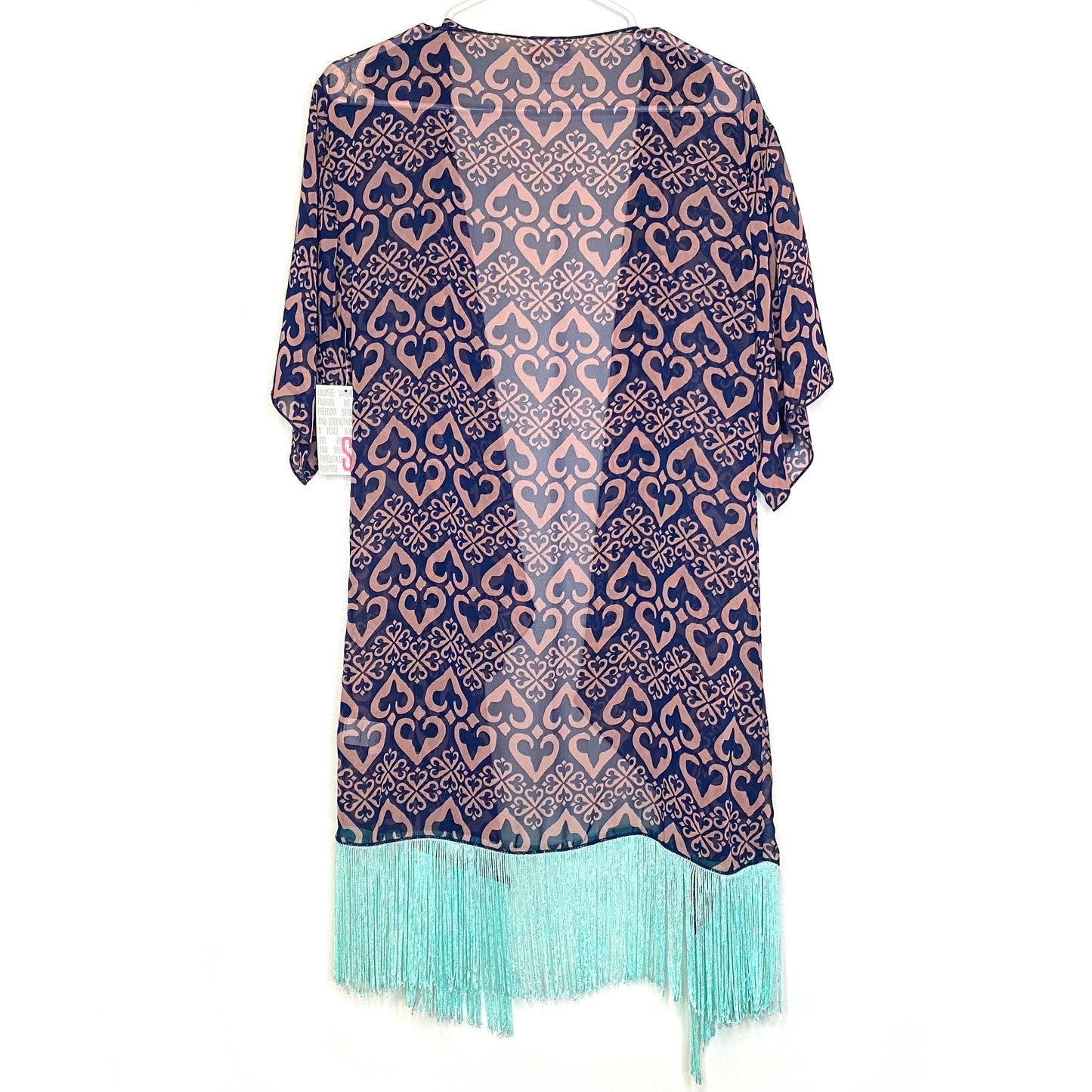 LuLaRoe Womens Size S (0-12) Blue/Pink/Turquoise Art Nouveau ‘Monroe’ Kimono Fringe Cover-Up NWT
