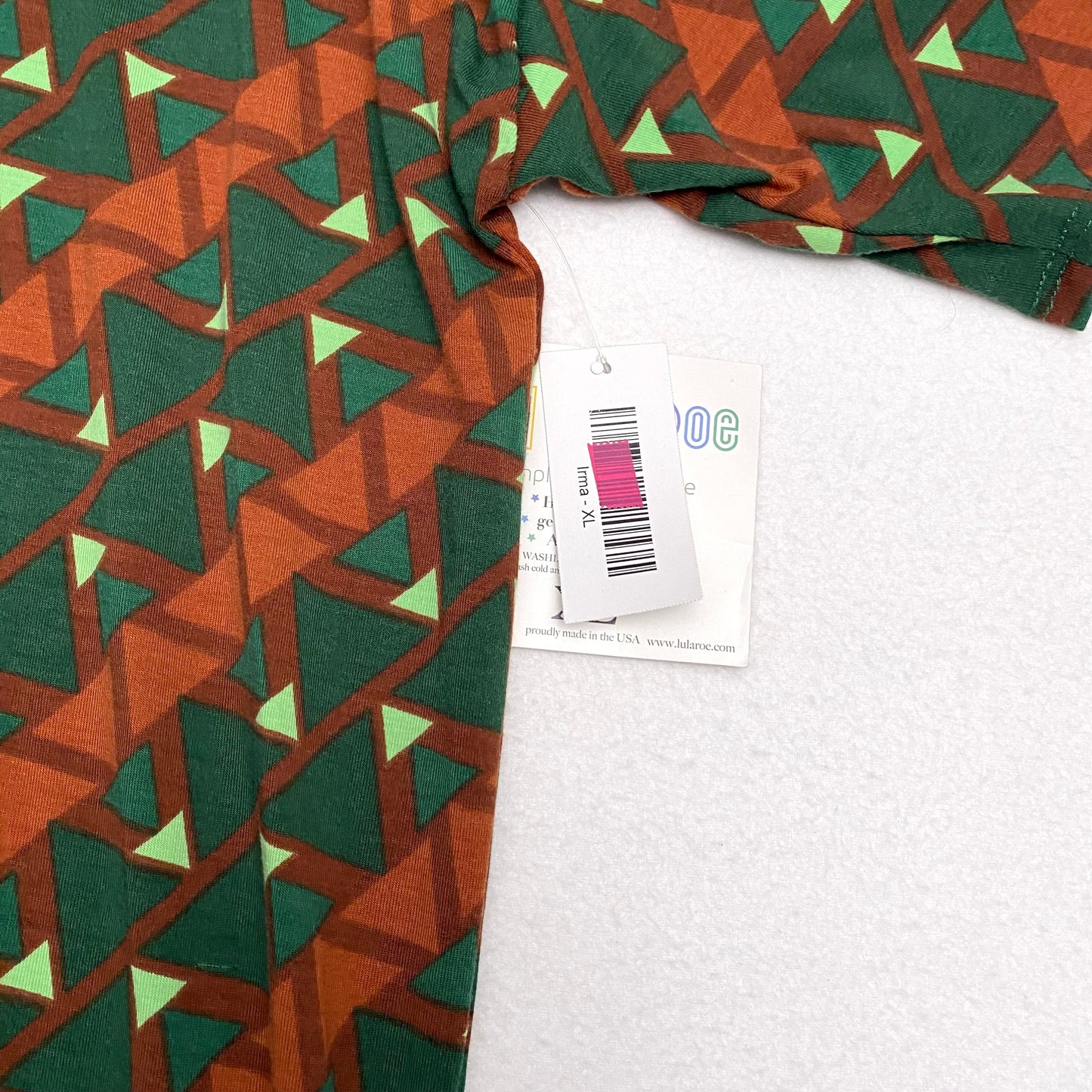 LuLaRoe Irma High-Low S/s Tunic | XL (18-20) | Brown/Green Triangles Geometric | NWT