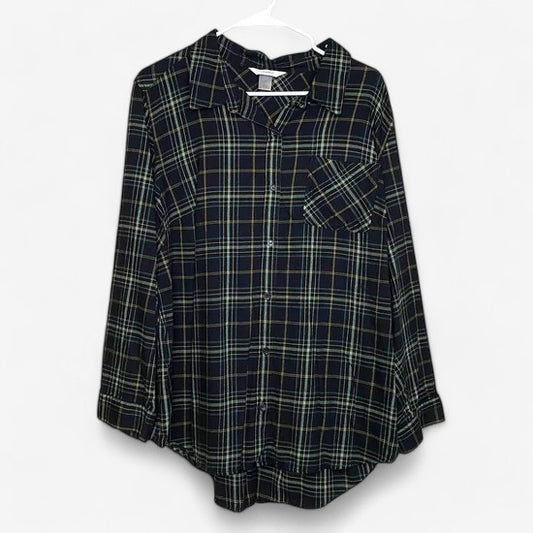 CJ Banks Women's Dark Green Plaid Button-Up Long Sleeve Shirt - Size 2X