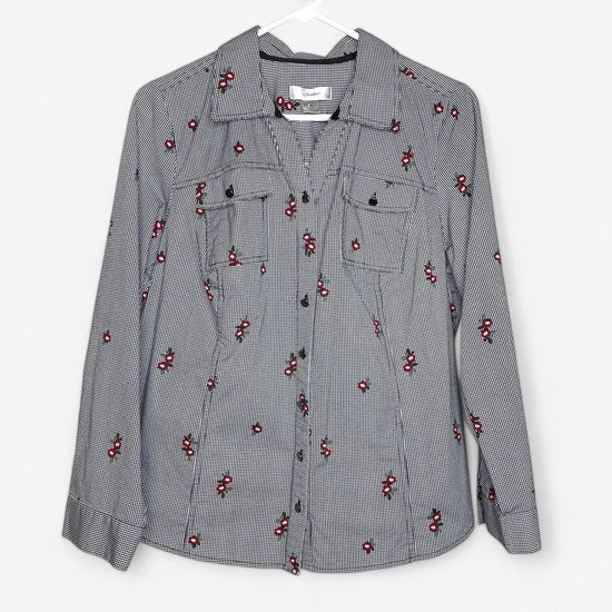 CJ Banks Women's White and Black Houndstooth Floral Button-Up Long Sleeve Shirt - Size X