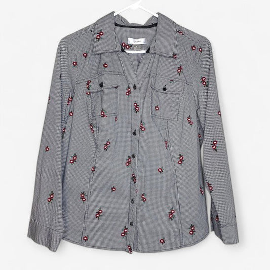 CJ Banks Women's White and Black Houndstooth Floral Button-Up Long Sleeve Shirt - Size X