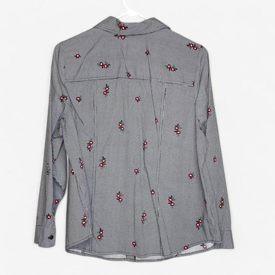 CJ Banks Women's White and Black Houndstooth Floral Button-Up Long Sleeve Shirt - Size X