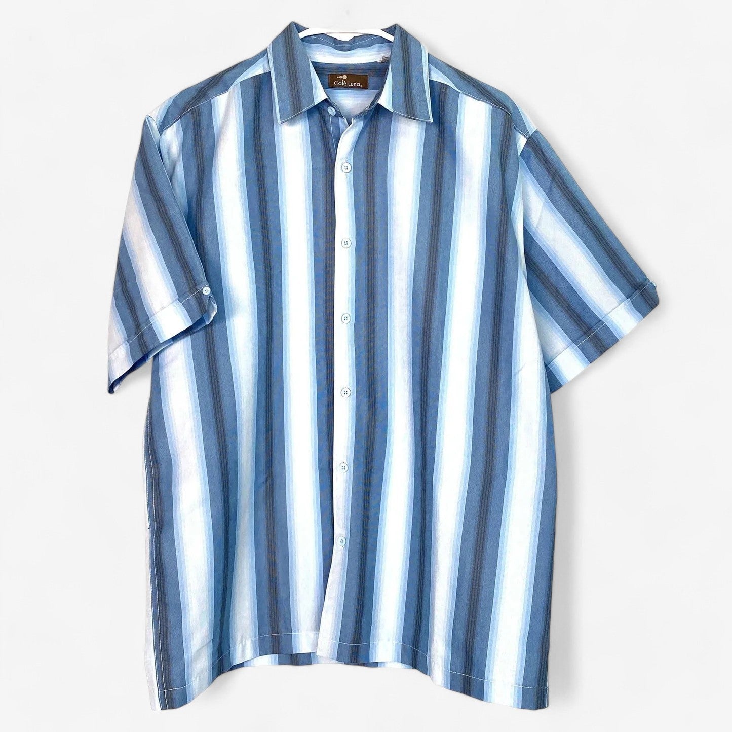Cafe Luna Men's Casual Striped Short Sleeve Button-Up Lounge Shirt - Blue, Size L