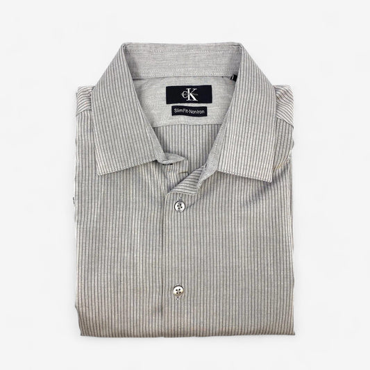 Men's Gray Pinstriped Button-Up Dress Shirt - Size L - Calvin Klein