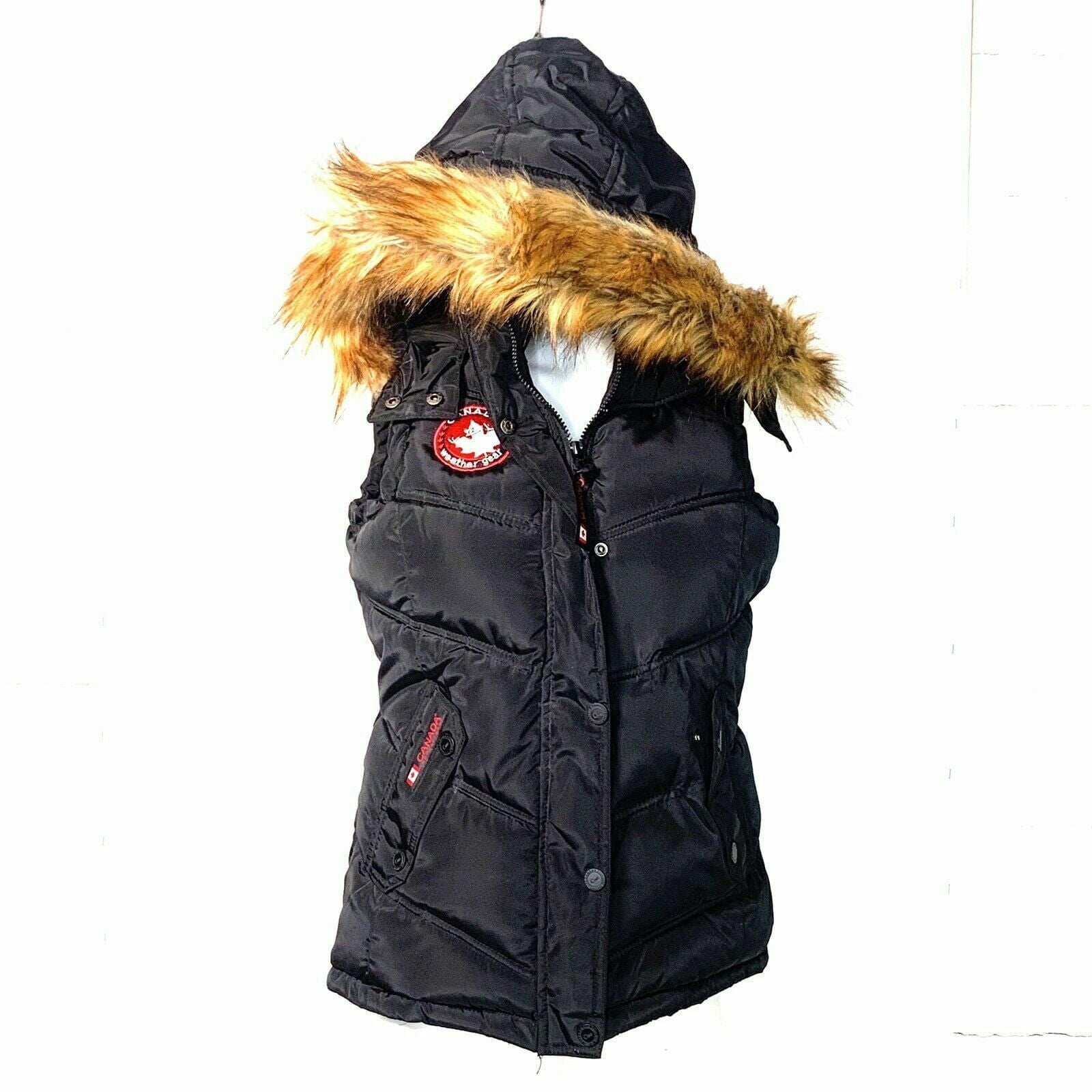 canada weather gear damen Canada Weather Gear Women's Puffer Vest with Faux Fur Trim Hood Black / S