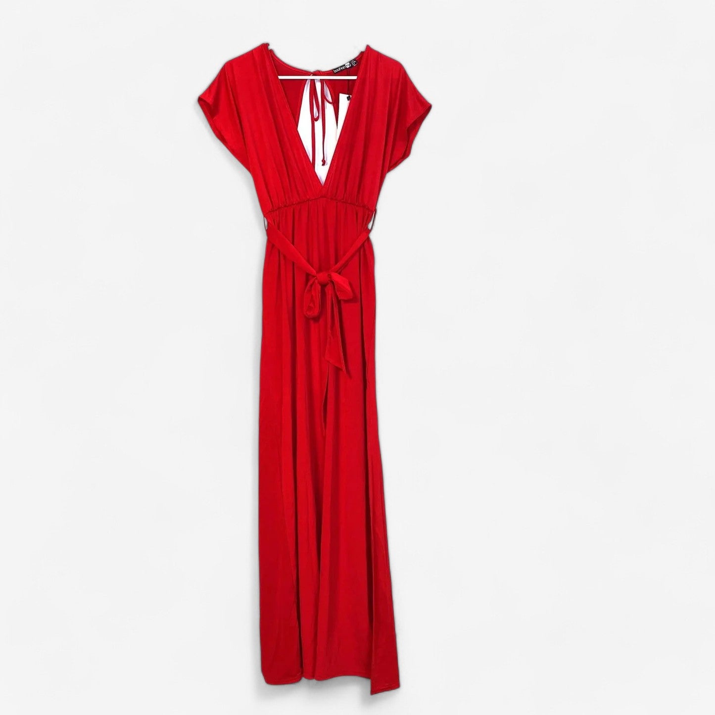 Women's Red Maxi Dress with Deep Plunge, Tie Waist, and Flutter Sleeves - Size 6 - Boohoo