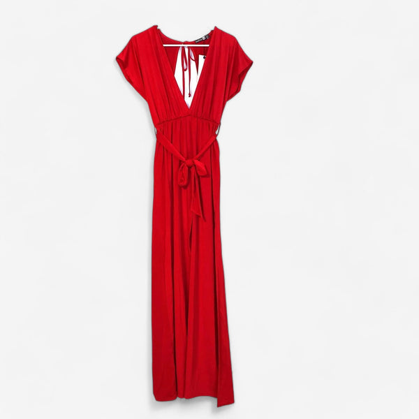Boohoo Women's Red Maxi Dress | Deep Plunge, Tie Waist, Flutter Sleeves | Size 6 Parsimony Shoppes Boohoo Women's Red Maxi Dress | Deep Plunge, Tie Waist, Flutter Sleeves | Size 6 Parsimony Shoppes