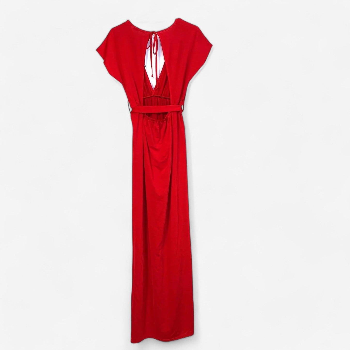 Women's Red Maxi Dress with Deep Plunge, Tie Waist, and Flutter Sleeves - Size 6 - Boohoo