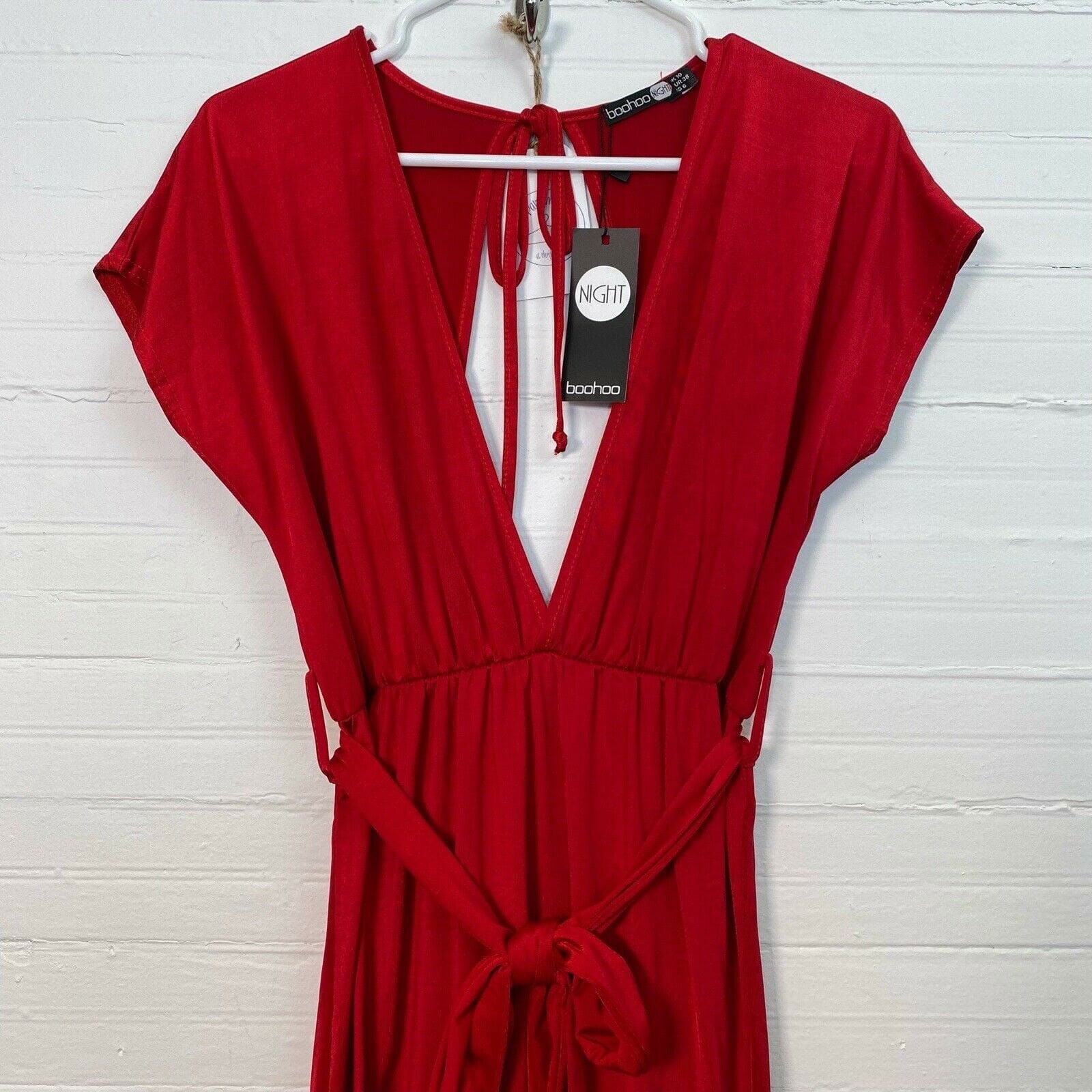 Boohoo Women's Red Maxi Dress | Deep Plunge, Tie Waist, Flutter Sleeves Boohoo Women's Red Maxi Dress | Deep Plunge, Tie Waist, Flutter Sleeves