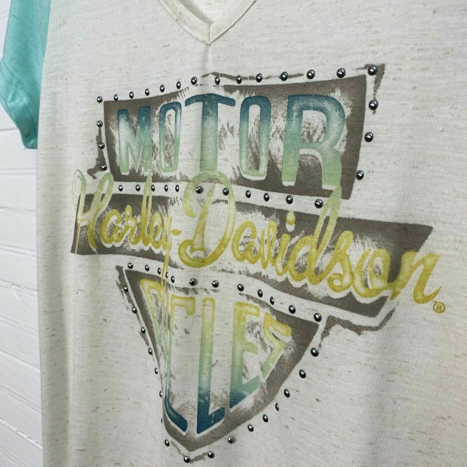 Captivating Harley-Davidson Womens V-Neck T-Shirt Graphic Studded Tied Waist Pre-Owned M Multicolor -  | Buy at Parsimony Shoppes