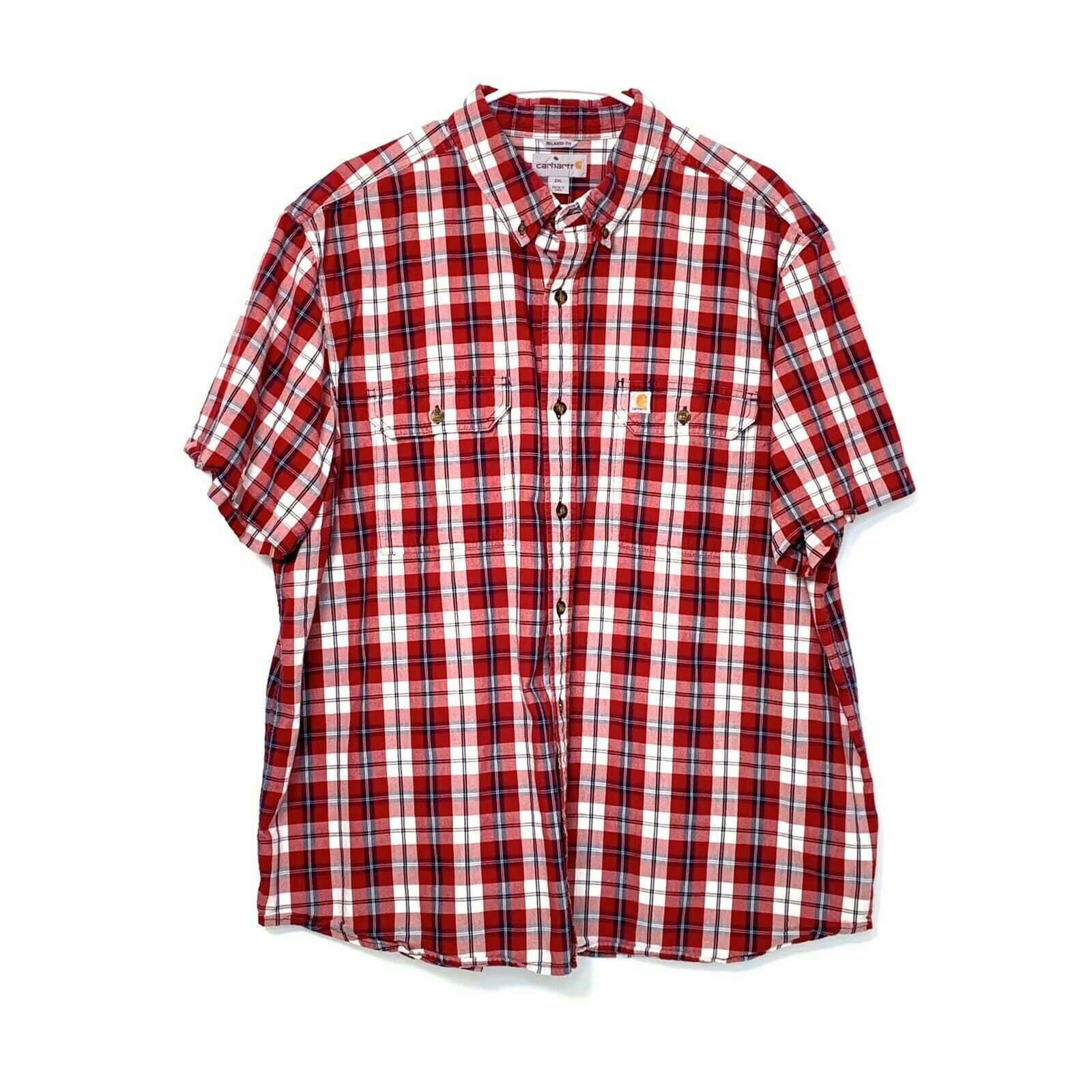 Carhartt Shirt Mens 2XL XXL Button Up Short Sleeve Plaid 90s Red White Parsimony Shoppes