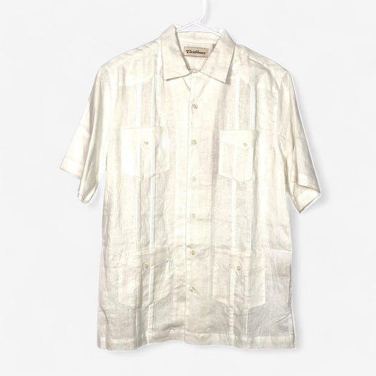 Caribbean Men's Ivory Linen Hawaiian Shirt - Size S - Short Sleeve Button-Up