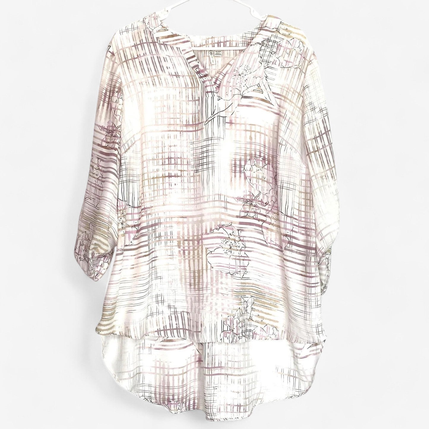 Cato Women's White Grid Pattern Long Sleeve Blouse - Size 14/16W - Excellent Condition