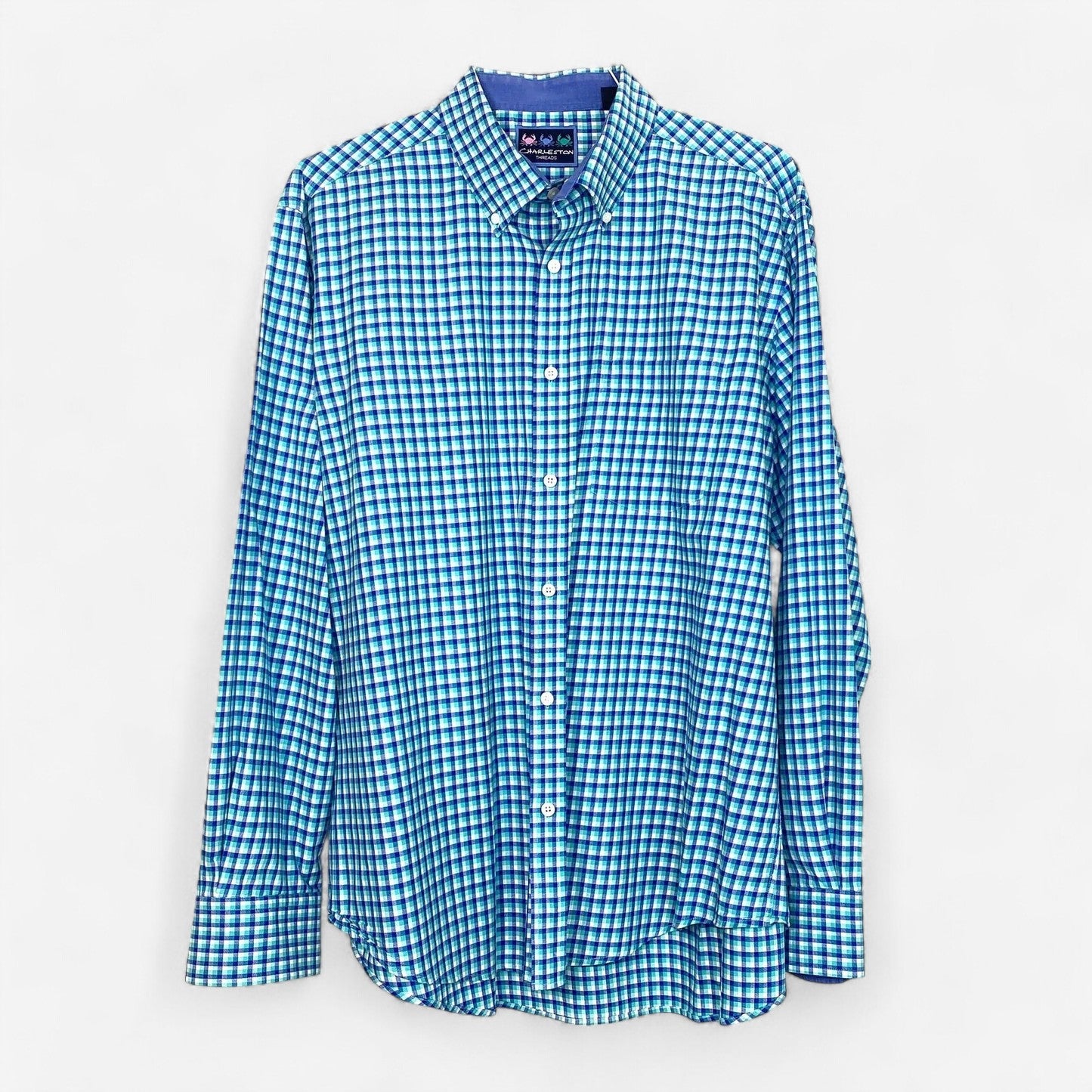Men's Green and Blue Plaid Button-Down Dress Shirt - Size XL - Charleston Threads