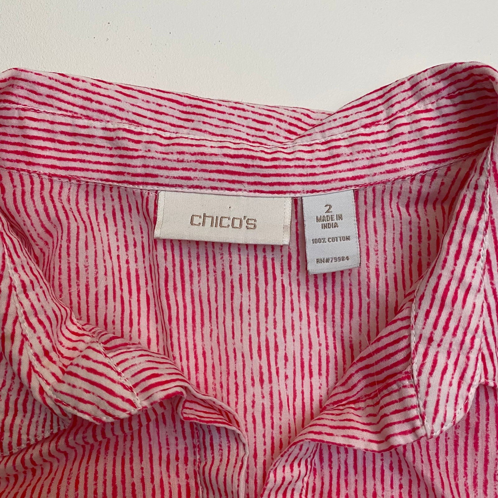 Chicos Linen Top | 2 | Red/White Striped | 3/4 Sleeve Collared | EUC -  | Buy at Parsimony Shoppes