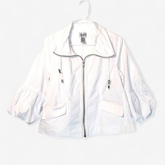 Chico's Women's White Utility Jacket with Bubble Sleeves - Size 1
