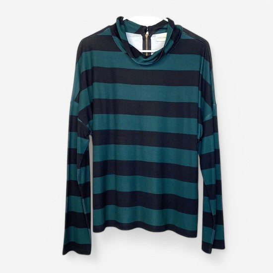 Chico's Women's Black & Green Striped Slouch Collar Shirt - Size 2 - Long Sleeve