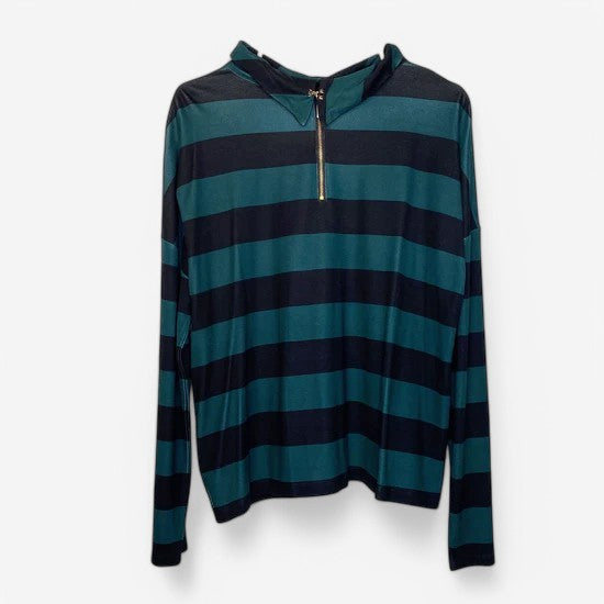 Chico's Women's Black & Green Striped Slouch Collar Shirt - Size 2 - Long Sleeve
