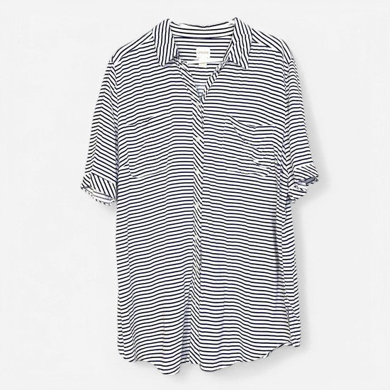 Chico's Women's Striped Button-Up Shirt - Size 3 - White/Blue - Short Sleeve