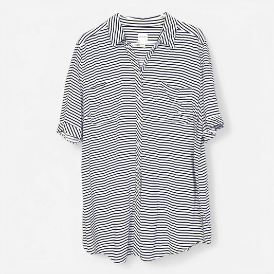 Chico's Women's Striped Button-Up Shirt - Size 3 - White/Blue - Short Sleeve