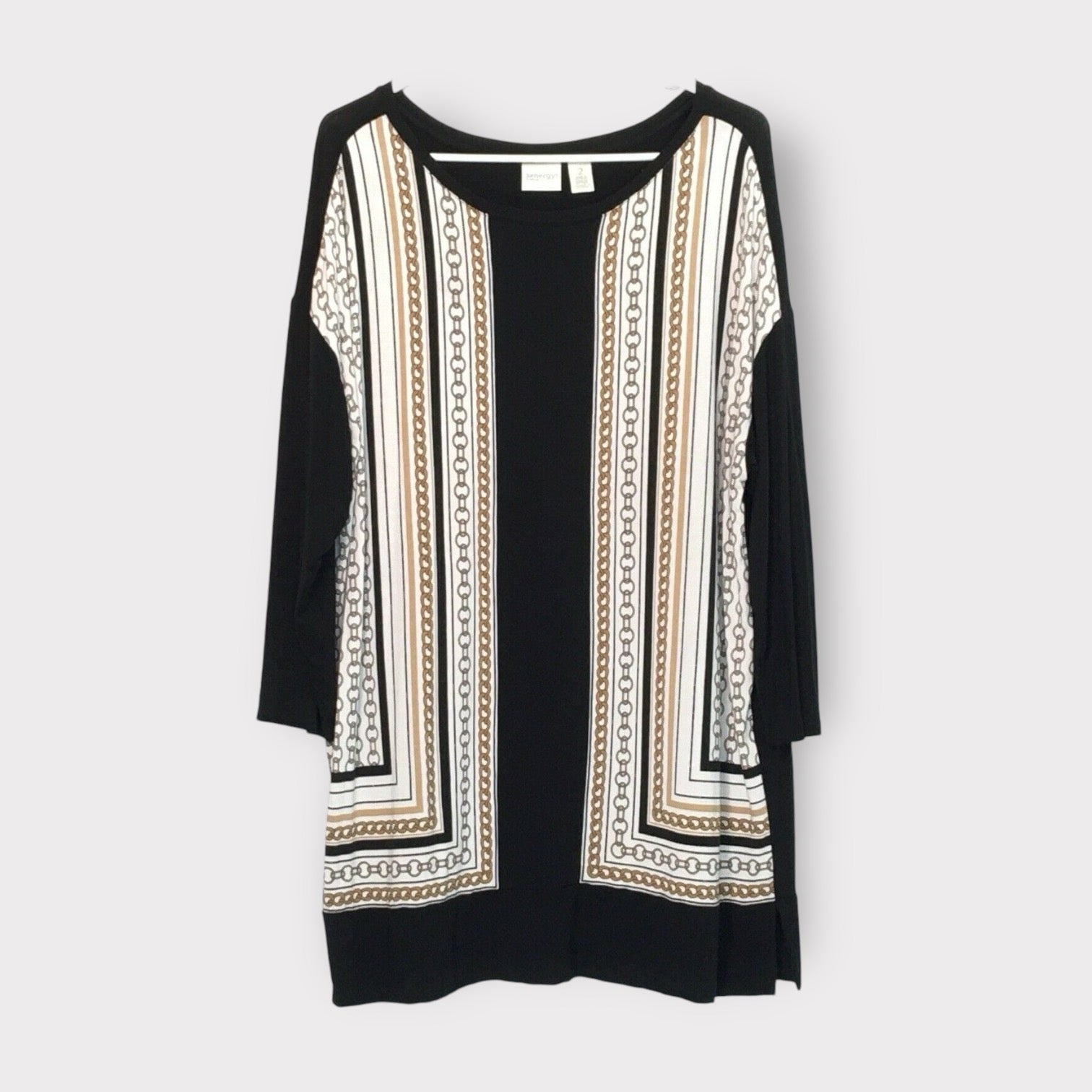 Chicos Zenergy | Size: 2 | Womens 3/4 Sleeve Nautical Gold Chain Tunic Top | Black/White/Gold | EUC -  | Buy at Parsimony Shoppes
