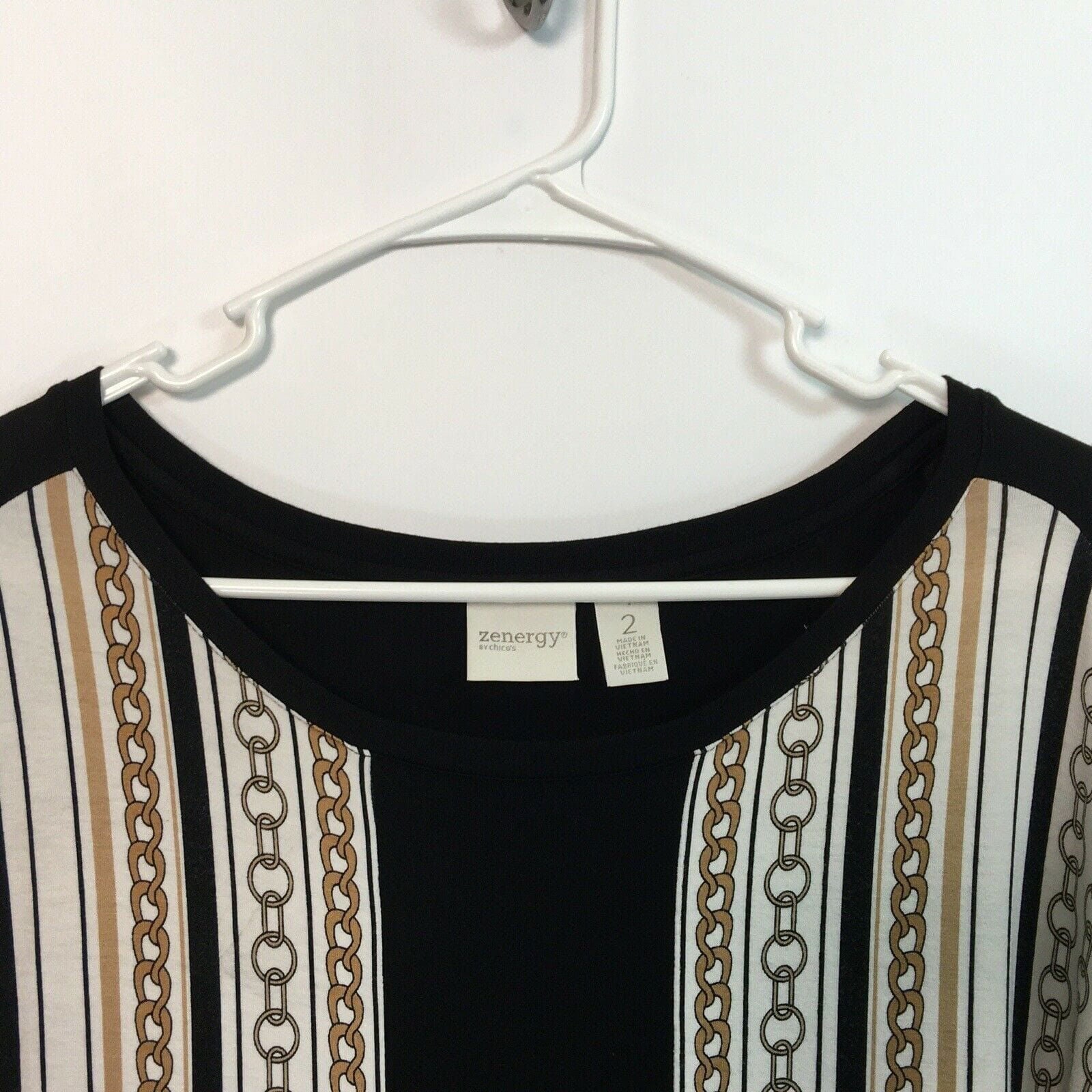 Chicos Zenergy | Size: 2 | Womens 3/4 Sleeve Nautical Gold Chain Tunic Top | Black/White/Gold | EUC -  | Buy at Parsimony Shoppes